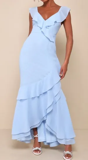 NEW Lulus Charming Event Light Blue Asymmetrical Ruffled Maxi Dress Medium thumbnail 1