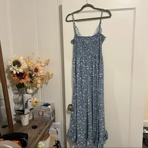 Blue & Cream Floral Print Ruffle Hem Tulip Maxi Dress Size Large NWT thumbnail 5
