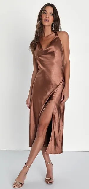 NWT Lulus Sophisticated Impression Brown Satin Backless Cowl Midi Dress Party XS thumbnail 1