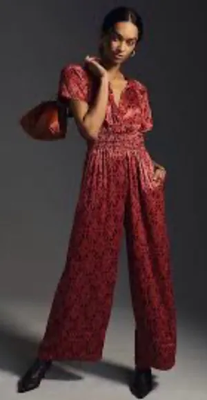 Anthropologie Red Printed Short-Sleeve Wide-Leg Jumpsuit Satin The Somerset thumbnail 1