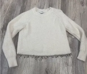 Arula Womens Ivory Fuzzy Ribbed Knit Sweater Rhinestone Fringe Size‎ XL (A) thumbnail 1