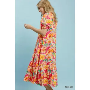 Umgee Floral Print Puff Sleeve Tiered Midi Dress - Pink Mix - Large thumbnail 3