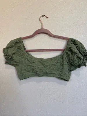 SheIn Sage Green Textured Two Piece Beach Set Wrap Skirt Puff Sleeve Top thumbnail 7