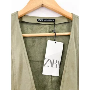 NEW ZARA Faux Leather Pinafore Dress Medium Sage Green Deep V Gold Buttons thumbnail 5