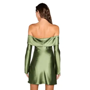 Lulus Luxurious Vision Olive Green Satin Off-the-Shoulder Mini Dress size L NWT thumbnail 3