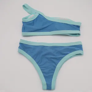 2 Piece Swimwear Bikini Set Womens Small Blue Aqua Contrast Trim Stretch Ribbed thumbnail 4