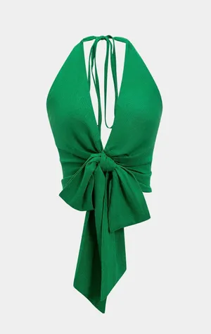 MICAS Green Linen V-Neck Halter Tie-Front Ruched Zipper Backless Cami Top thumbnail 1