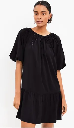 LOFT Smocked Pleated Flounce Dress Black Short Puff Sleeve Babydoll Dress Sz XL thumbnail 1