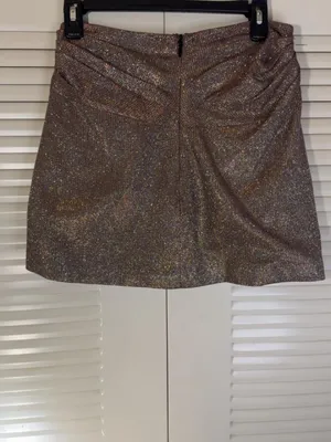 House of CB London "Shaker" Sparkle Draped Mini Skirt. Metallic, glittery, bronze finish with a ruched draping #houseofcb #miniskirt #highend #fashion thumbnail 2