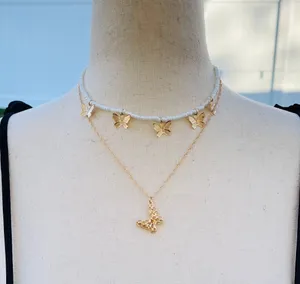 White Beads Gold Tone Butterflies Layered Necklace thumbnail 3