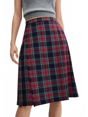 Mango Pleated Midi-Skirt NWT Red Blue Plaid Size Small thumbnail 1