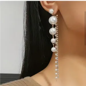 Faux Pearl Shiny Rhinestone Chain Tassel Design Dangle Earrings Elegant‎ thumbnail 7