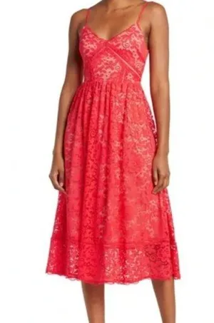 Women's NSR Crochet Stretch Lace Midi Dress Vibrant Reddish Pink Small NWOT thumbnail 1