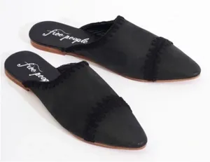 NEW Free People Black Leather San Marino Slip-On Flat Mules Size 37 Embroidered thumbnail 1