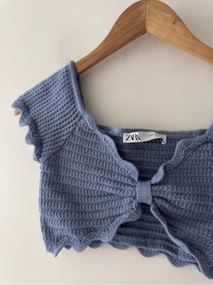 Zara Blue Scalloped Crochet Knit Bow Crop Top thumbnail 3