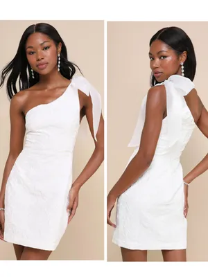 Lulus Unique Perfection White Floral Jacquard One-Shoulder Mini Dress Medium NWT thumbnail 2