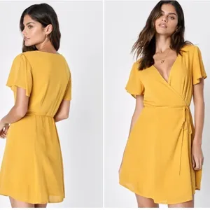 LULU's Sexy Sophisticated Mini Mustard Yellow Wrap Dress • Small NWOT thumbnail 3