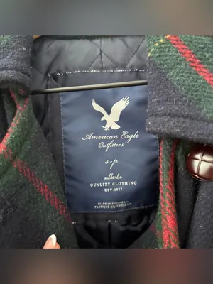 American Eagle Y2K Plaid Belted Wool Peacoat. Navy Green Red thumbnail 3