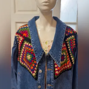 Farm Rio X Anthropologie Crochet Denim Trucker Jacket SZ Medium thumbnail 9