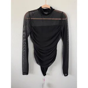 Avidlove Womens Black Mesh Ruched Long Sleeve Mock Neck Bodysuit Size Large thumbnail 6
