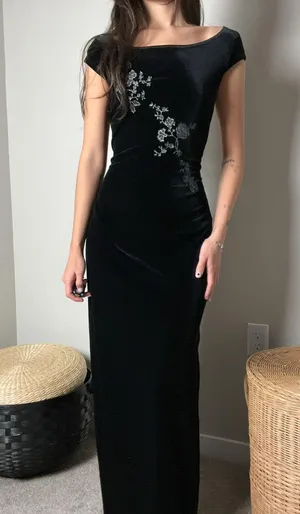 vintage 90s black velvet floral glitter boatneck fitted slit maxi dress gown thumbnail 2