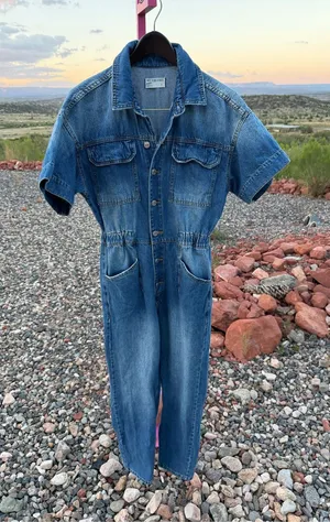 Free People We The Free Marci Denim Jumpsuit S Blue Utility Workwear 90s boho thumbnail 1