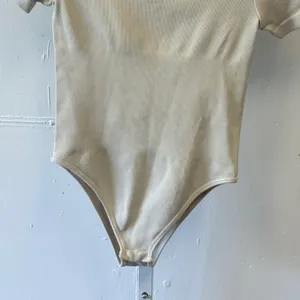 OQQ Ribbed Bodysuit Beige Square Neck Short Sleeve Stretch Small Minimalist thumbnail 4
