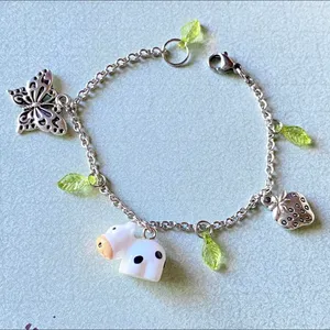 Handmade y2k Kawaii funky fairy cow&strawberry&butterfly stainless steel chain bracelet🐮🍓🍃🦋🌀🌳 thumbnail 1