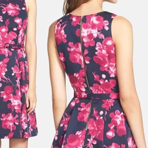 Eliza J Floral Fit & Flare Dress Navy Pink Belted Sleeveless Size 4 thumbnail 11