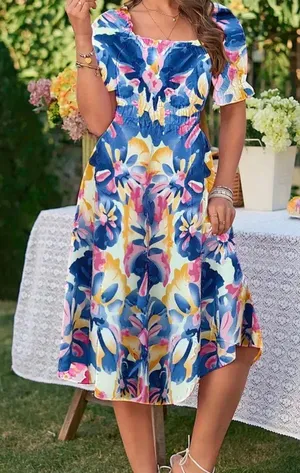 Blue Color Floral Print Dress thumbnail 4
