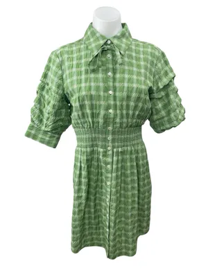 Cinq à Sept NEW Green Plaid Check Short Sleeve Button Down Mini Shirt Dress Sz 4 thumbnail 1