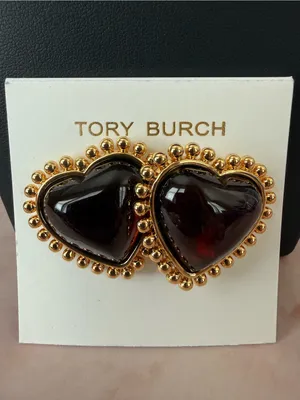 Tory Burch | Gold Plated Dark Cherry Heart Stud Earrings thumbnail 2
