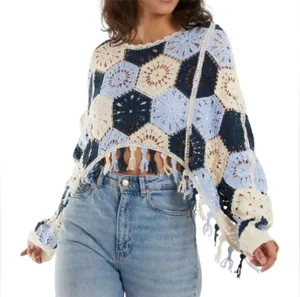 House Of Harlow 1960 Blue and Cream Crochet Fringe Sweater Shrug Coverup One Siz thumbnail 1