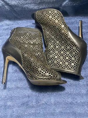 Badgley Mischka “July”Leather Black Laser-Cut Peep-Toe Stiletto Booties thumbnail 5