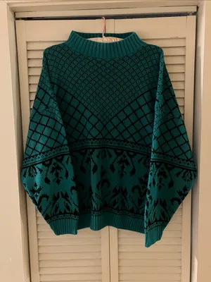 Vintage Lauren Acrylic Green Teal and Black Print Mockneck Sweater thumbnail 1
