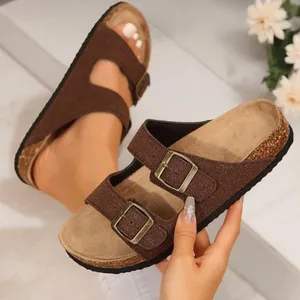 Women’s Flats Sandals–Adjustable Buckle Slip-On Comfort Slides with Cork Footbed thumbnail 2