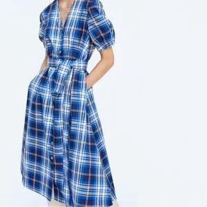 ZARA‎ Blue Plaid Taffeta Dress Belted Tie Waist Midi Buttondown Preppy Small thumbnail 5