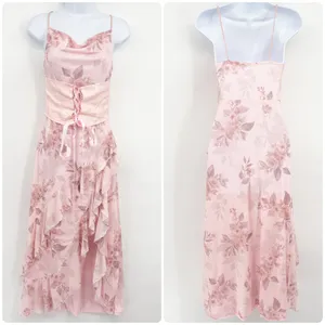Womens Pink Pastel Floral Lace-up Corset Ruffle Coquette Fairy Maxi Dress Size S thumbnail 3