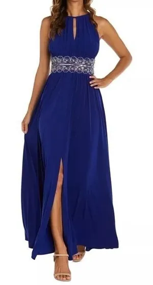 R&M Richards Royal Blue Beaded Empire Waist Keyhole Evening Gown Size 6 thumbnail 1
