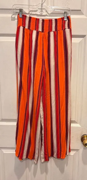 ILLA ILLA Womens Orange Striped Smocked High Waist‎ Wide Leg Palazzo Pants L thumbnail 1