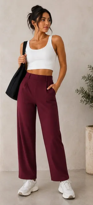Halara NWT Flex DayStretch Burgundy Pleated Straight Leg High Rise Pants thumbnail 1