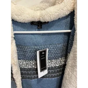 Lety Me Zola NWT Medium Blue Hood Teddy Plush Sherpa Trim Faux Fur Cardigan Fall thumbnail 3