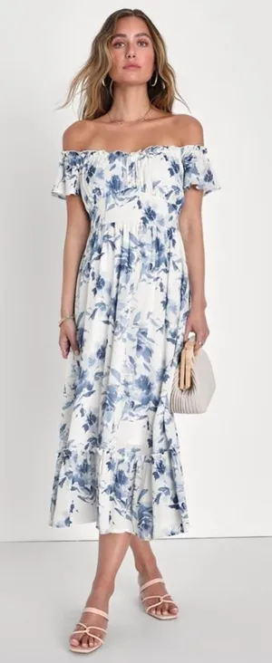 Lulus Delightfully Sweet White Floral Off-the-Shoulder Midi Dress Size XL Beach thumbnail 1