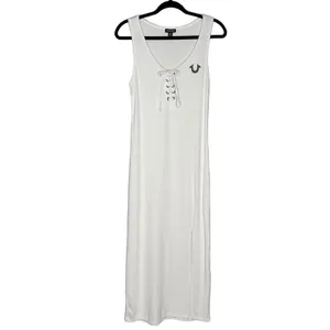 True Religion M Horseshoe Logo Stretch Lace Up Midi Dress Tank Top White $129 thumbnail 3