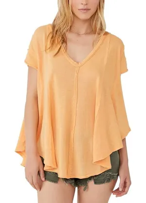 Free People Women's Sammie V-Neck T-Shirt (Canteloupe, Medium) thumbnail 1