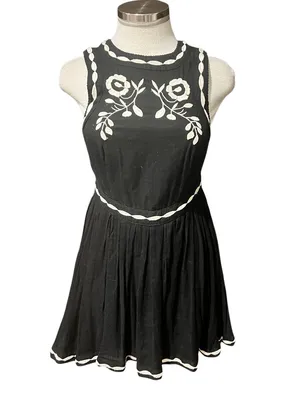 Free People "Birds of a Feather" Embroidered Mini Dress in black Size 0 thumbnail 3