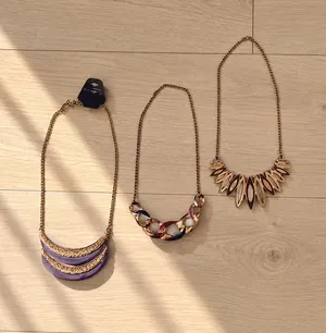 3pc Statement Necklace Lot Gold Tone Purple Multicolor Boho Costume Jewelry thumbnail 1