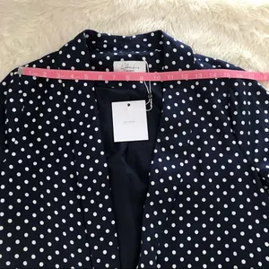 L’ACADEMIE Polka‎ Dot Linen Blazer Medium Navy Blue White Boyfriend Open Front thumbnail 12