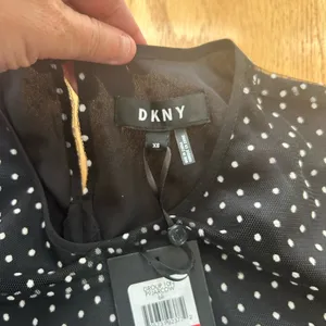 NWT DKNY XS Black Polka Dot Mesh Peplum Blouse Sheer 3/4 Ruffle‎ Sleeve Top thumbnail 7