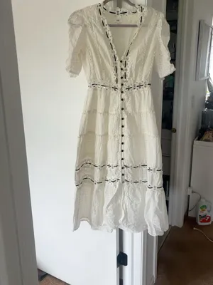 RAHI White Crochet Lace Midi Dress Black Ribbon Size S thumbnail 2